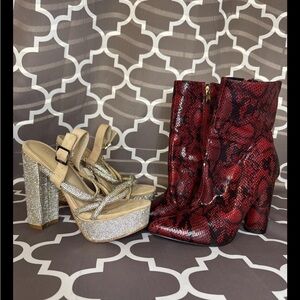 Fashion Nova Womens Shoes Size 8 Red Snake Print Booties and Silver Glitter Heel